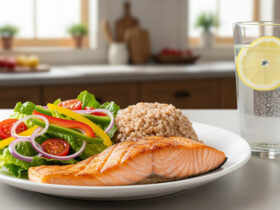 zdrowy posilek losos kasza salatka 14w3g Jak dieta pomaga łagodzić stres na co dzień?