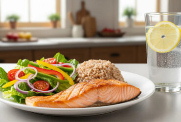 zdrowy posilek losos kasza salatka 14w3g Jak dieta pomaga łagodzić stres na co dzień?